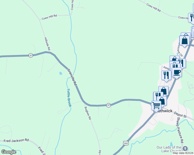 map of restaurants, bars, coffee shops, grocery stores, and more near 34 Granville Road in Southwick