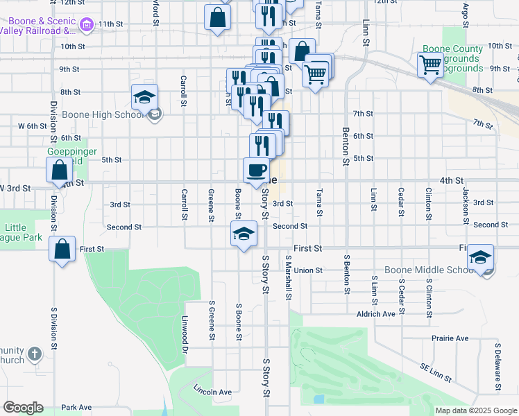 map of restaurants, bars, coffee shops, grocery stores, and more near 227 Story Street in Boone