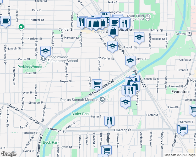 map of restaurants, bars, coffee shops, grocery stores, and more near 2001 Noyes Street in Evanston