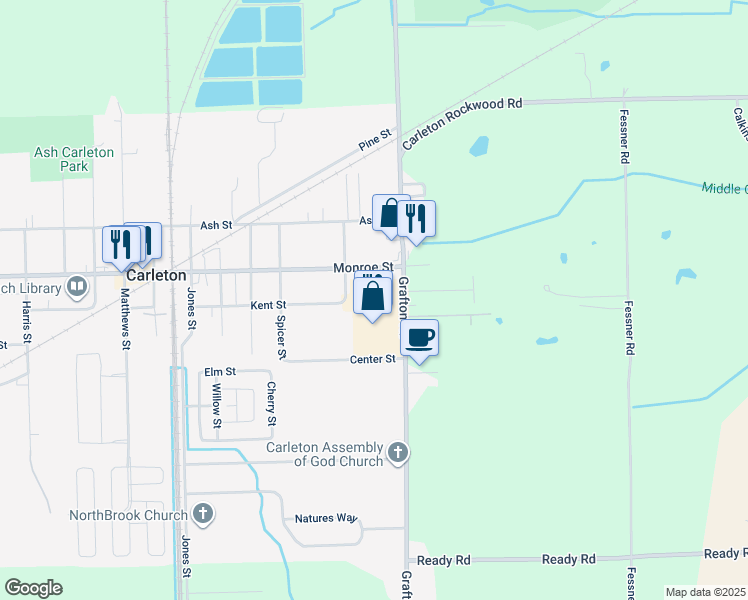 map of restaurants, bars, coffee shops, grocery stores, and more near 12599 Grafton Road in Carleton