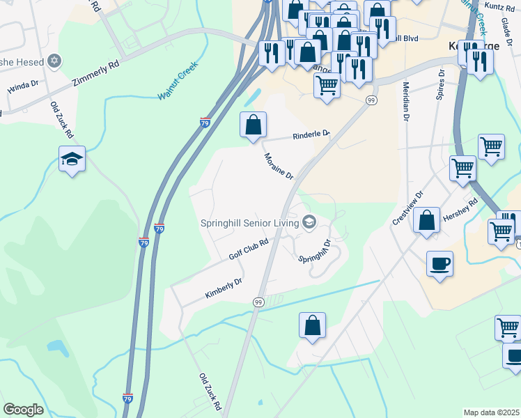 map of restaurants, bars, coffee shops, grocery stores, and more near 6125 Glen Eagles Drive in Erie