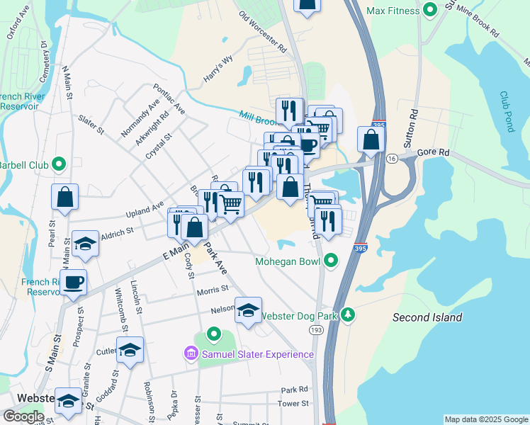 map of restaurants, bars, coffee shops, grocery stores, and more near 112 Massachusetts 12 in Webster