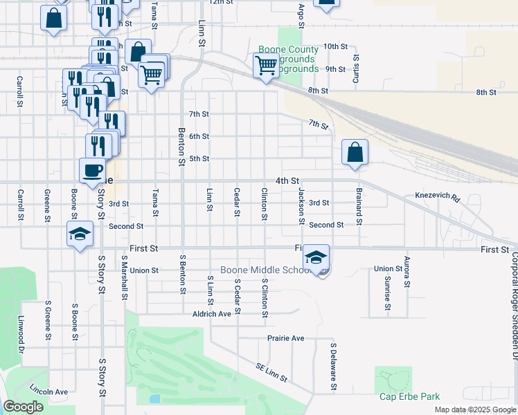 map of restaurants, bars, coffee shops, grocery stores, and more near 227 South Clinton Street in Boone