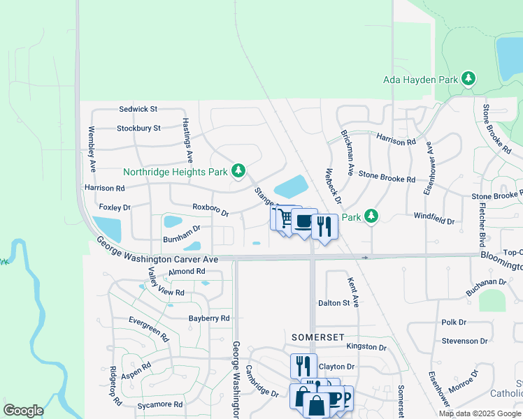 map of restaurants, bars, coffee shops, grocery stores, and more near 2808 Roxboro Drive in Ames
