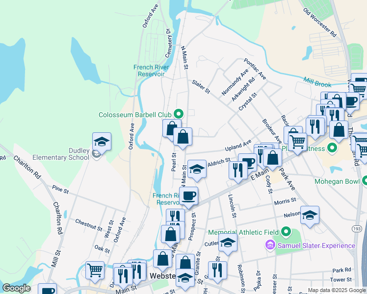 map of restaurants, bars, coffee shops, grocery stores, and more near 103 North Main Street in Webster