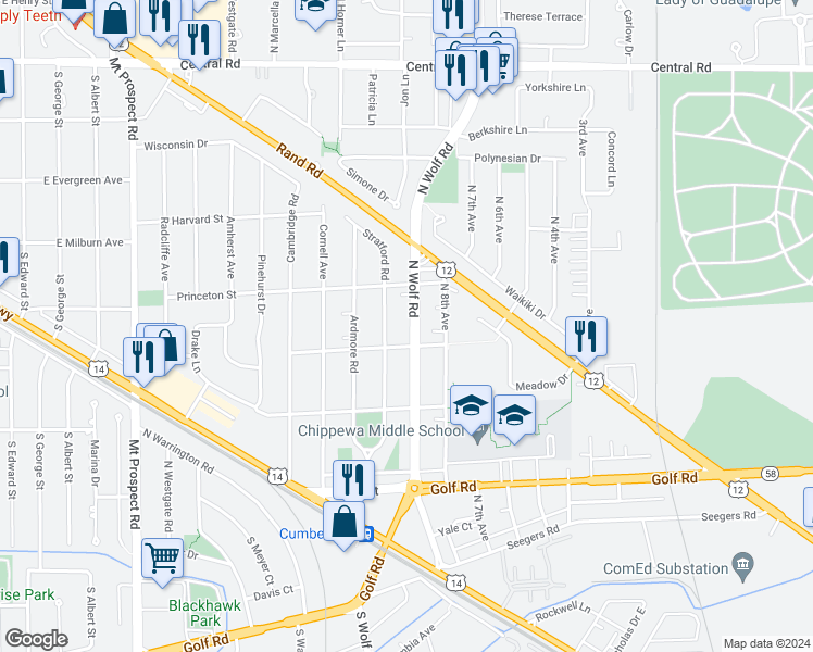 map of restaurants, bars, coffee shops, grocery stores, and more near 332 North Wolf Road in Des Plaines