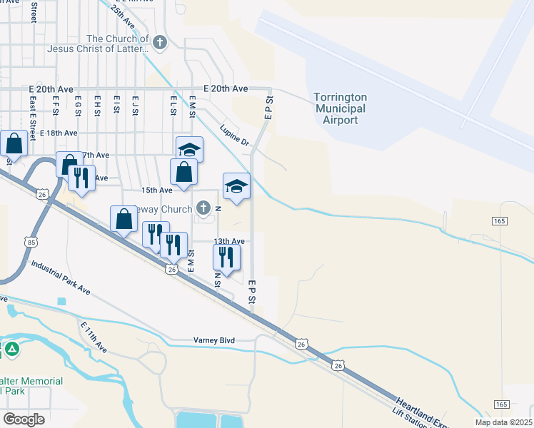 map of restaurants, bars, coffee shops, grocery stores, and more near 1309 East P Street in Torrington