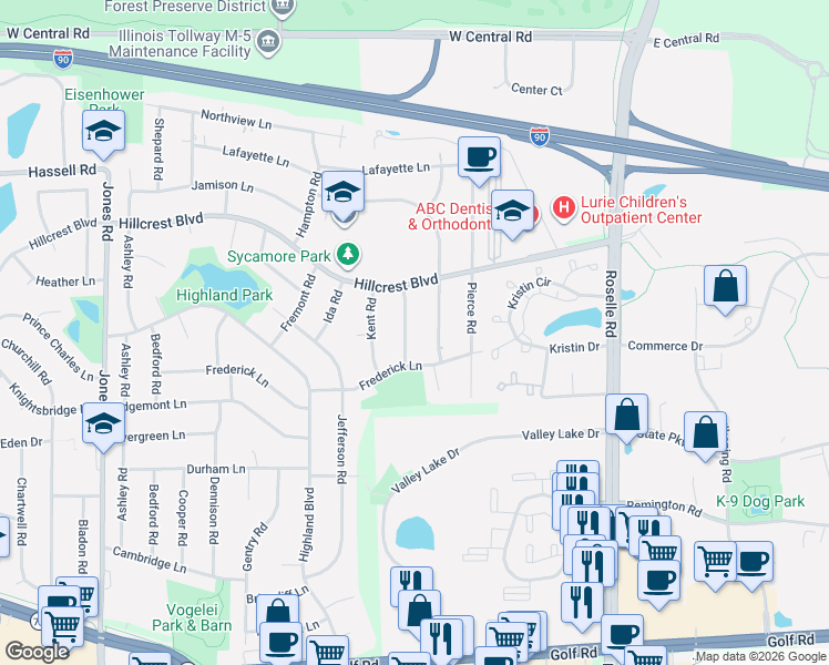 map of restaurants, bars, coffee shops, grocery stores, and more near 1705 Monticello Road in Hoffman Estates