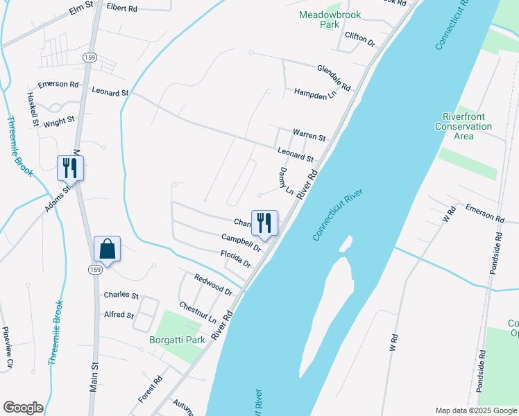 map of restaurants, bars, coffee shops, grocery stores, and more near 43 Joey Drive in Agawam