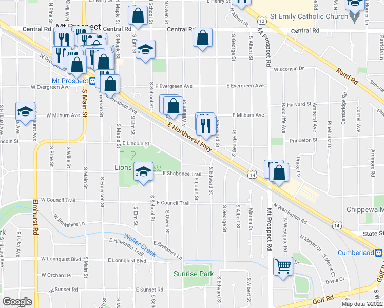 map of restaurants, bars, coffee shops, grocery stores, and more near 601 East Prospect Avenue in Mount Prospect