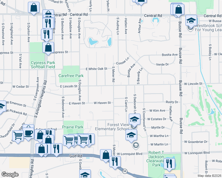 map of restaurants, bars, coffee shops, grocery stores, and more near 402 South Meier Road in Mount Prospect