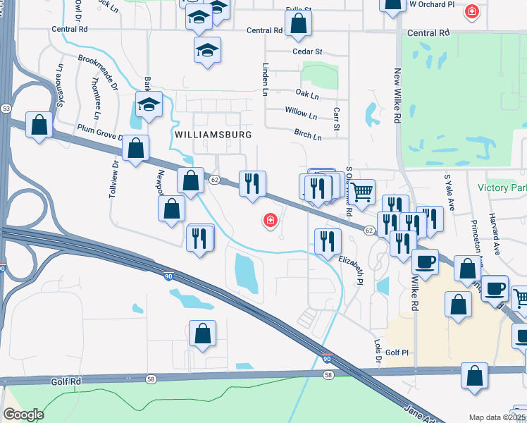 map of restaurants, bars, coffee shops, grocery stores, and more near 2801 West Algonquin Road in Rolling Meadows