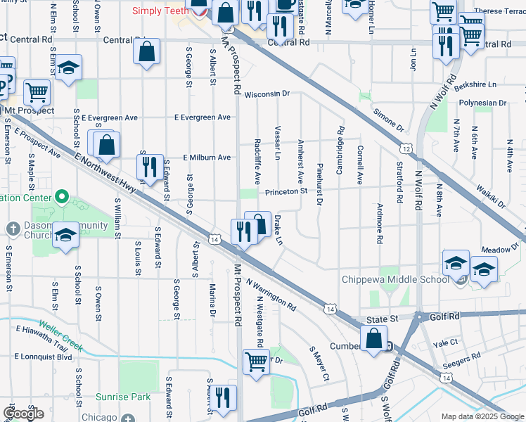map of restaurants, bars, coffee shops, grocery stores, and more near 345 Radcliffe Avenue in Des Plaines