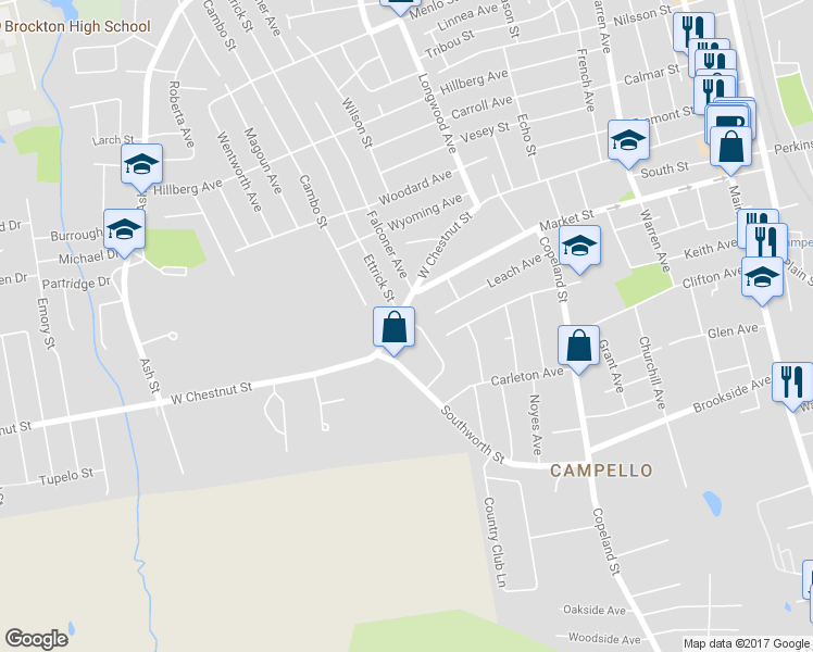 map of restaurants, bars, coffee shops, grocery stores, and more near 9 Mercedes Road in Brockton