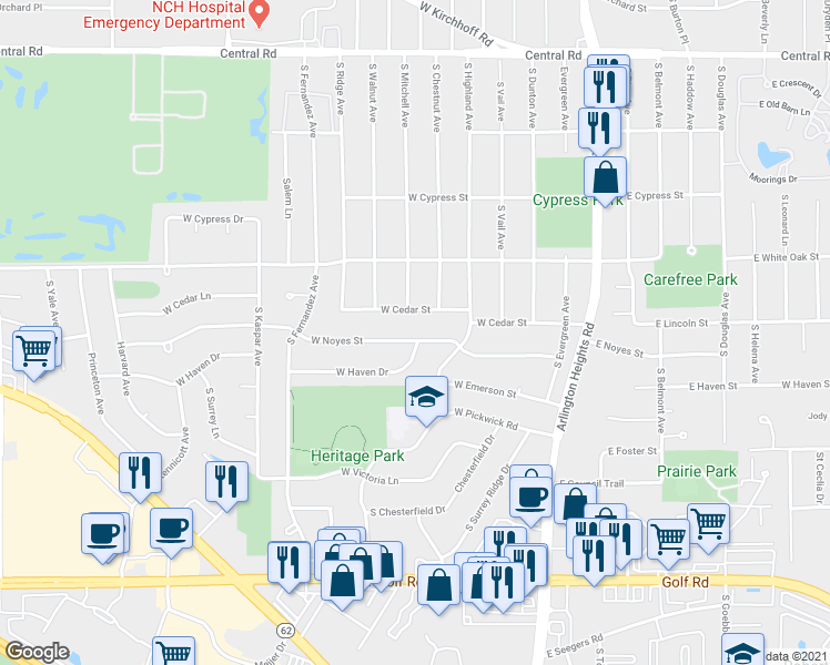 map of restaurants, bars, coffee shops, grocery stores, and more near 314 West Noyes Street in Arlington Heights