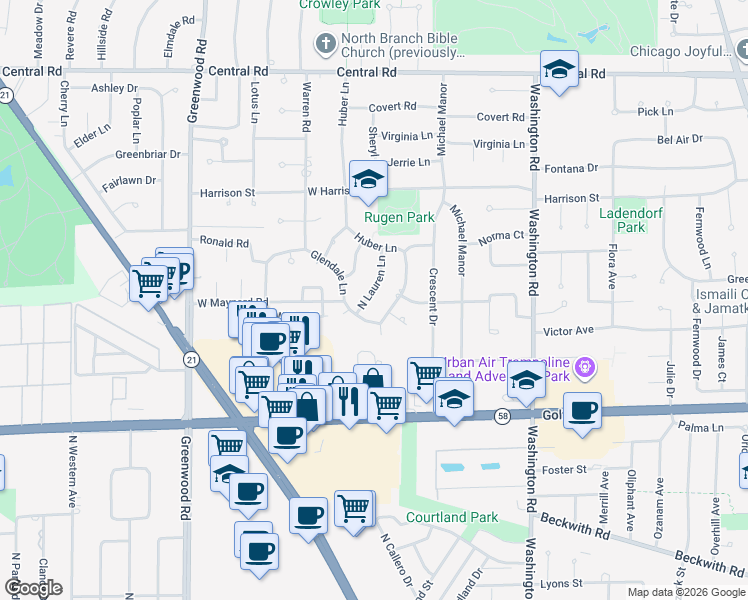 map of restaurants, bars, coffee shops, grocery stores, and more near 9809 North Lauren Lane in Niles