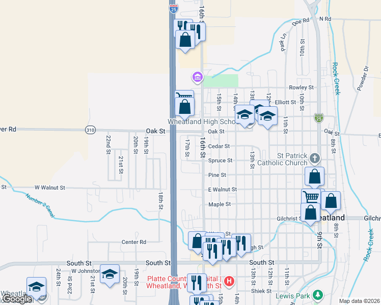 map of restaurants, bars, coffee shops, grocery stores, and more near 1104 17th Street in Wheatland