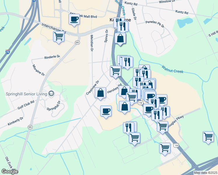 map of restaurants, bars, coffee shops, grocery stores, and more near 2065 Old Hershey Road in Erie