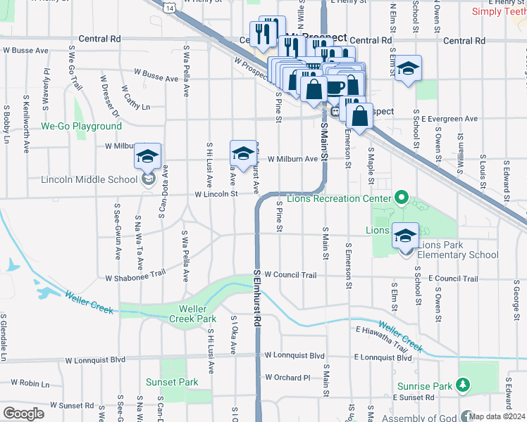 map of restaurants, bars, coffee shops, grocery stores, and more near 429 Elmhurst Road in Mount Prospect