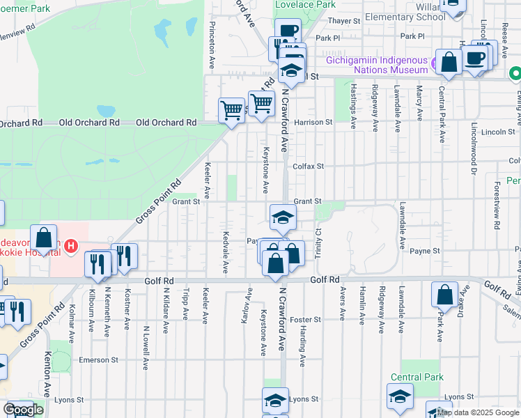 map of restaurants, bars, coffee shops, grocery stores, and more near 9748 Keystone Ave in Skokie