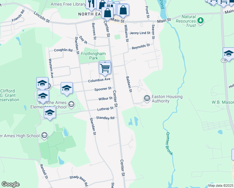 map of restaurants, bars, coffee shops, grocery stores, and more near 124 Center Street in Easton