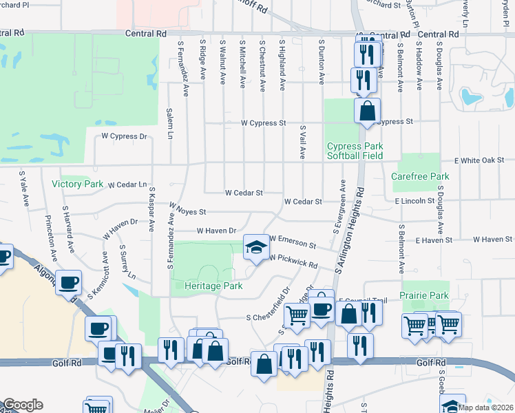 map of restaurants, bars, coffee shops, grocery stores, and more near 314 West Noyes Street in Arlington Heights