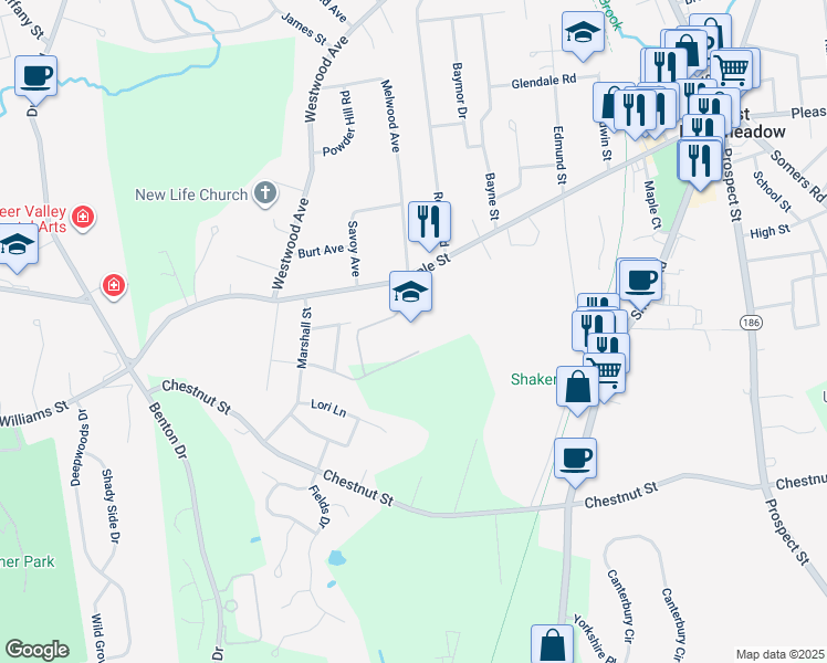 map of restaurants, bars, coffee shops, grocery stores, and more near 180 Maple Street in East Longmeadow