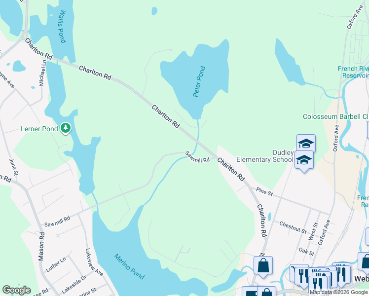 map of restaurants, bars, coffee shops, grocery stores, and more near 75 Sawmill Road in Dudley