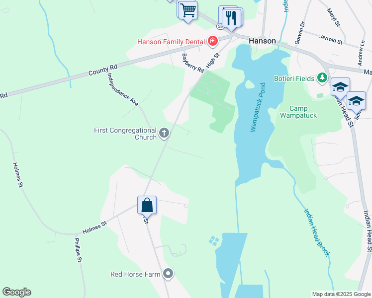 map of restaurants, bars, coffee shops, grocery stores, and more near 29 Big Rock Lane in Hanson