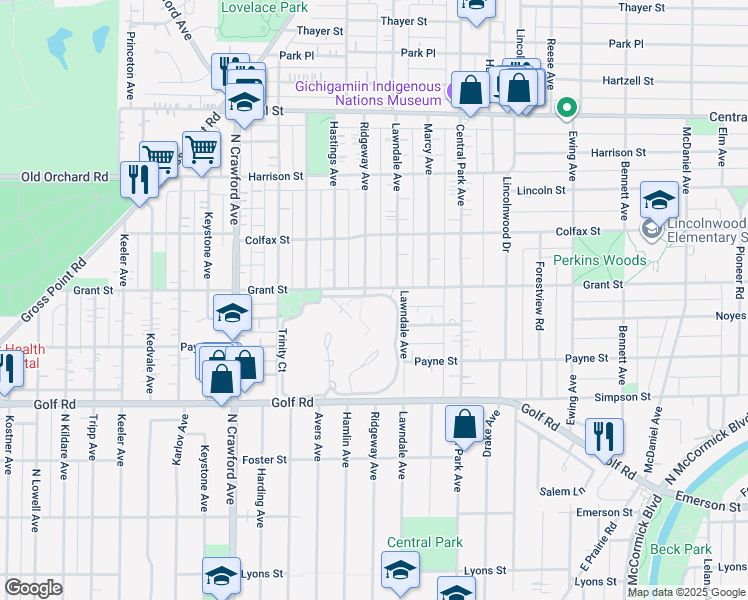 map of restaurants, bars, coffee shops, grocery stores, and more near 18 Calvin Circle in Evanston