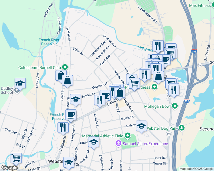 map of restaurants, bars, coffee shops, grocery stores, and more near 20 Stoughton Avenue in Webster