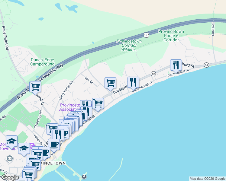map of restaurants, bars, coffee shops, grocery stores, and more near 212 Bradford Street in Provincetown