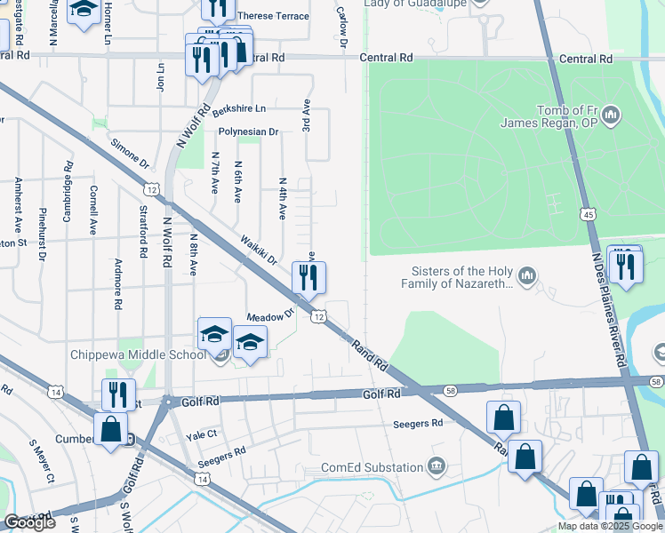 map of restaurants, bars, coffee shops, grocery stores, and more near 301 North 3rd Avenue in Des Plaines