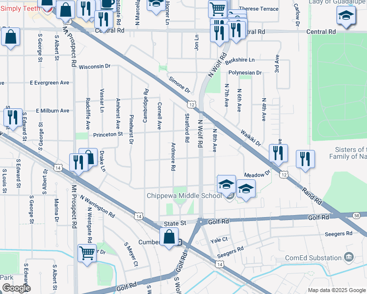 map of restaurants, bars, coffee shops, grocery stores, and more near 334 Stratford Road in Des Plaines