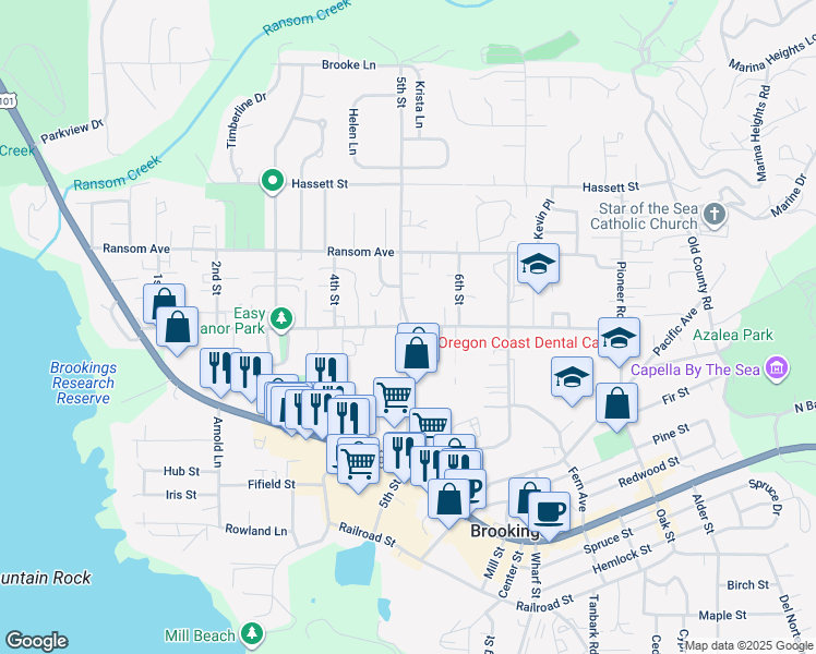 map of restaurants, bars, coffee shops, grocery stores, and more near 500 5th Street in Brookings