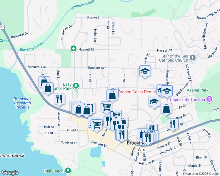 map of restaurants, bars, coffee shops, grocery stores, and more near 550 5th Street in Brookings