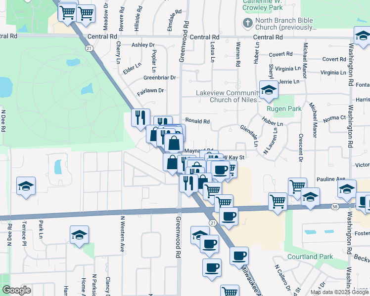 map of restaurants, bars, coffee shops, grocery stores, and more near 9801 North Greenwood Avenue in Niles