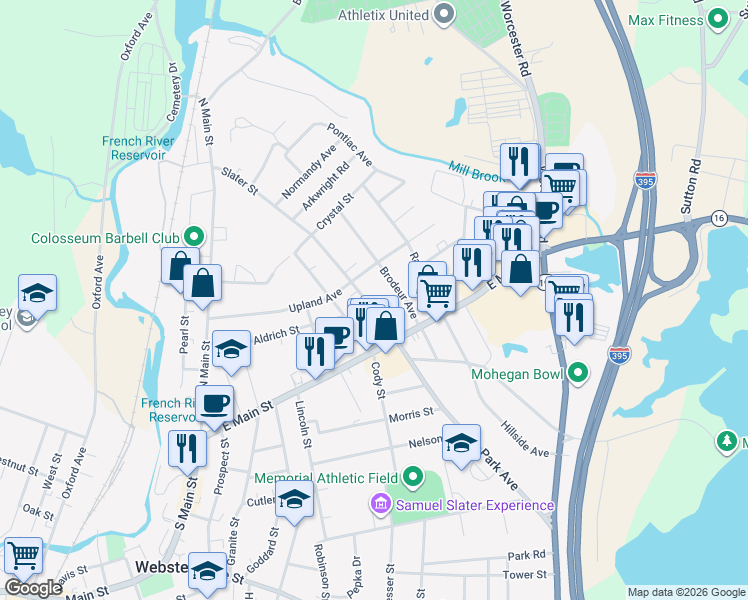 map of restaurants, bars, coffee shops, grocery stores, and more near 14 Slater Street in Webster