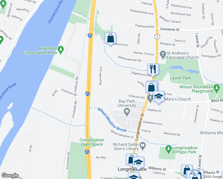 map of restaurants, bars, coffee shops, grocery stores, and more near 114 Emerson Road in Longmeadow