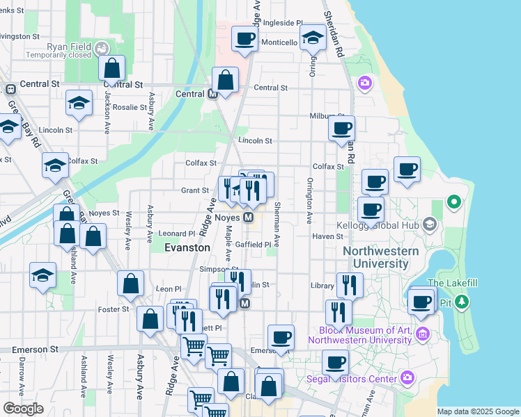 map of restaurants, bars, coffee shops, grocery stores, and more near 813 Noyes Street in Evanston