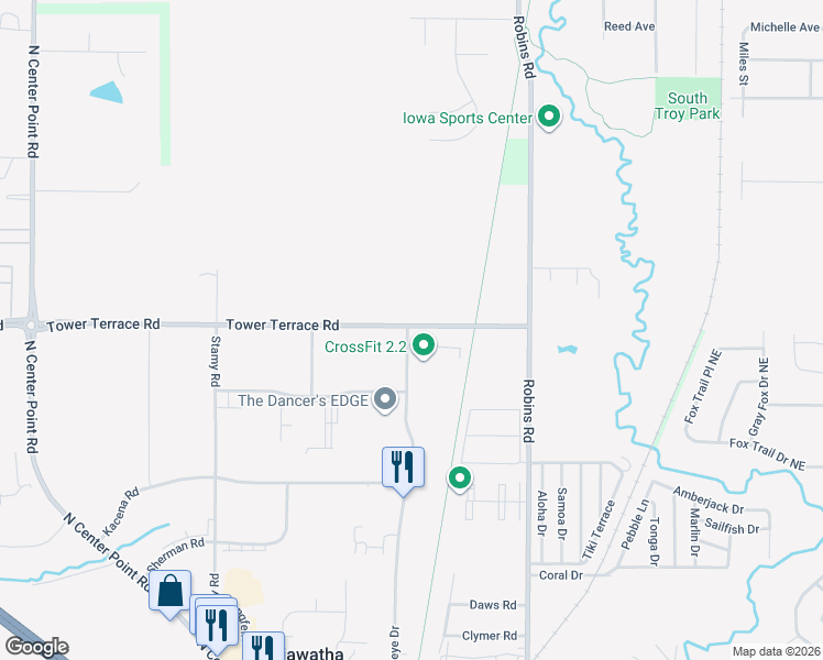 map of restaurants, bars, coffee shops, grocery stores, and more near 500 Tower Terrace Road in Cedar Rapids