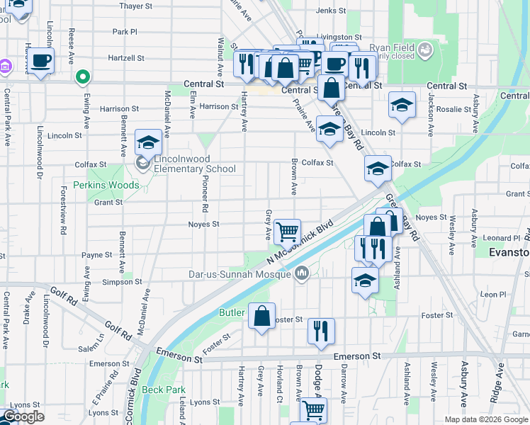 map of restaurants, bars, coffee shops, grocery stores, and more near 2222 Grey Avenue in Evanston
