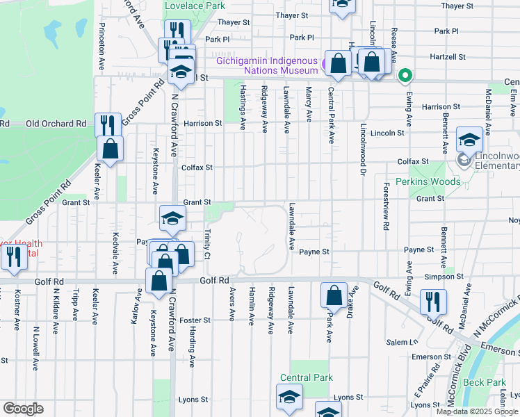 map of restaurants, bars, coffee shops, grocery stores, and more near 18 Calvin Circle in Evanston