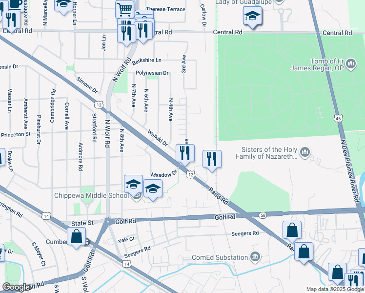 map of restaurants, bars, coffee shops, grocery stores, and more near 301 North 3rd Avenue in Des Plaines