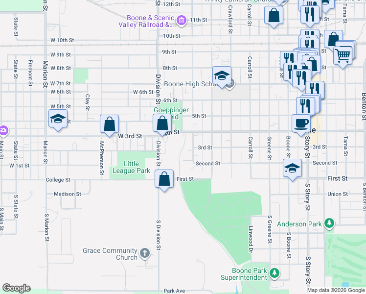 map of restaurants, bars, coffee shops, grocery stores, and more near 214 Harrison Street in Boone
