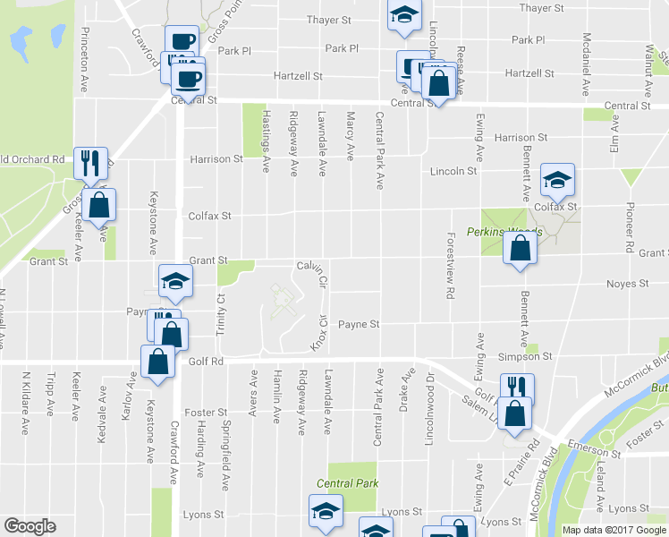 map of restaurants, bars, coffee shops, grocery stores, and more near 3044 Grant Street in Evanston