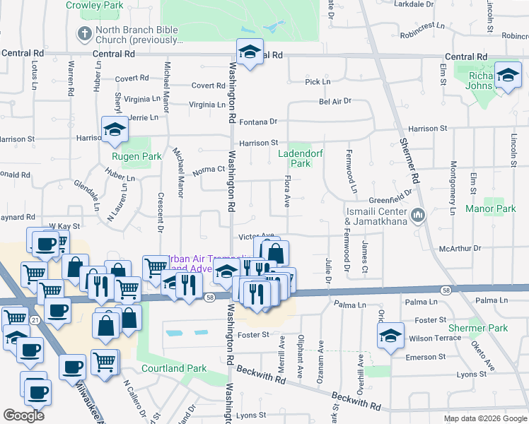 map of restaurants, bars, coffee shops, grocery stores, and more near 204 Donald Terrace in Glenview