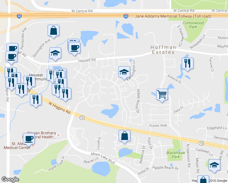 map of restaurants, bars, coffee shops, grocery stores, and more near 2000 Garden Terrace in Hoffman Estates