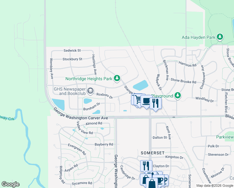 map of restaurants, bars, coffee shops, grocery stores, and more near 2833 Roxboro Drive in Ames