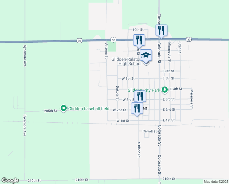 map of restaurants, bars, coffee shops, grocery stores, and more near 307 Dakota St in Glidden
